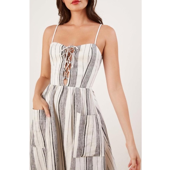 Perfect Linen Reformation Ellen Striped Lace-Up Midi Dress Feminine Flattering - Picture 5 of 6